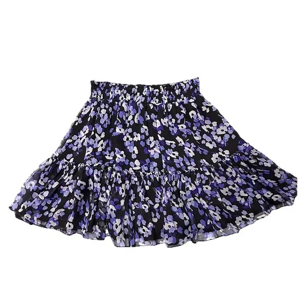 Kate Spade Purple Silk Mini Skirt Multi Floral Hydrangea Chiffon Tiered Black XS - Picture 2 of 13